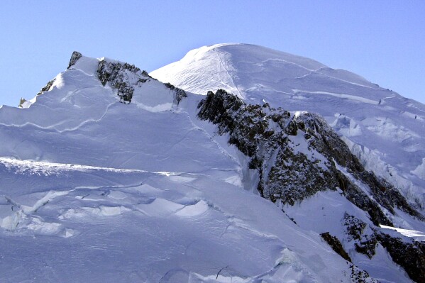 FILE - This Feb. 19, 2003 file photo shows Mont Blanc, western Europe's highest mountain. An avalanche on Mont Blanc swept two skiers to their deaths and left another injured, while a hiker was killed on another slope in the French Alps, according to local authorities. The avalanche Thursday Dec.28, 2023 swept through an off-piste area of the Saint-Gervais-les-Bains ski resort at an altitude of 2,300 meters, the administration for the Haute-Savoie region said in a statement. (AP Photo/Patrick Gardin, File)