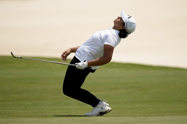 Hira Naveed reacts to her shot on the eighth green during the first round of the Chevron Championship LPGA golf tournament Thursday, April 18, 2024, at The Club at Carlton Woods, in The Woodlands, Texas. (AP Photo/Eric Gay)