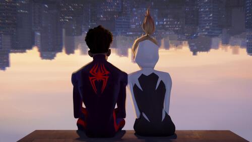 This image released by Sony Pictures Animation shows Miles Morales as Spider-Man, voiced by Shamik Moore, left, and Spider-Gwen, voiced by Hailee Steinfeld, in a scene from Columbia Pictures and Sony Pictures Animation's "Spider-Man: Through the Spider-Verse." (Sony Pictures Animation via AP)