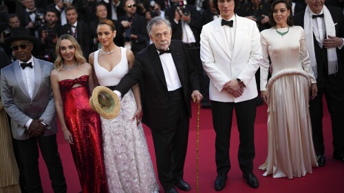 Giancarlo Esposito, from left, Chloe Fineman, Nathalie Emmanuel, director Francis Ford Coppola, Adam Driver, Aubrey Plaza, and Jon Voight pose for photographers upon arrival at the premiere of the film 'Megalopolis' at the 77th international film festival, Cannes, southern France, Thursday, May 16, 2024. (Photo by Daniel Cole/Invision/AP)