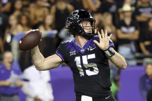 FILE - TCU quarterback Max Duggan (15) passes the ball against Kansas State during an NCAA college football game Saturday, Oct. 22, 2022, in Fort Worth, Texas. TCU and Kansas State will play in the Big 12 championship game Saturday, Dec. 3. (AP Photo/Richard W. Rodriguez, File)