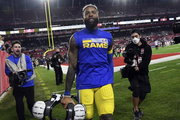 FILE - Los Angeles Rams wide receiver Odell Beckham Jr. (3) celebrates after the team defeated the Tampa Bay Buccaneers during an NFL divisional round playoff football game on Jan. 23, 2022, in Tampa, Fla. The Los Angeles Rams have not given up on re-signing Beckham, even if the injured receiver was decidedly unimpressed by their initial attempts to do so. (AP Photo/Jason Behnken, File)