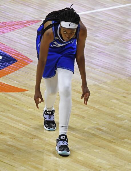 Connecticut Sun forward Jonquel Jones celebrates after hitting a 3-pointer against the New York Liberty during a WNBA basketball game Saturday, June 5, 2021, in Uncasville, Conn. (Sean D. Elliot/The Day via AP)