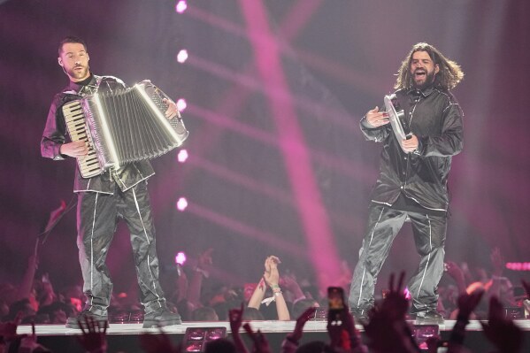 Gabry Ponte from San Marino performs the song "Tutta L'Italia" during the first semi-final of the 69th Eurovision Song Contest, in Basel, Switzerland, Tuesday, May 13, 2025. (AP Photo/Martin Meissner)