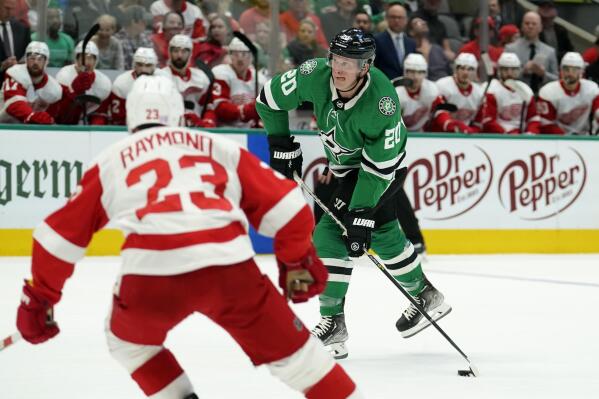 Detroit Red Wings right wing Lucas Raymond (23) looks on as Dallas Stars defenseman Ryan Suter (20) takes a shot and scores on the play in the first period of an NHL hockey game in Dallas, Tuesday, Nov. 16, 2021. (AP Photo/Tony Gutierrez)