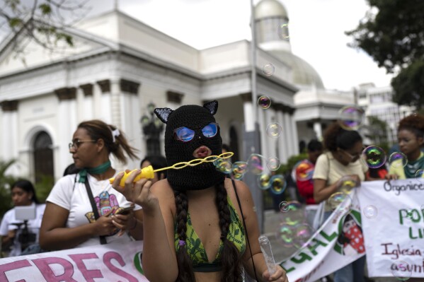 Women protest on International Safe Abortion Day outside Congress in Caracas, Venezuela, Thursday, Sept. 28, 2023. Abortion is criminalized in Venezuela, with the exception of abortions to save the life of the pregnant mother. (AP Photo/Ariana Cubillos)