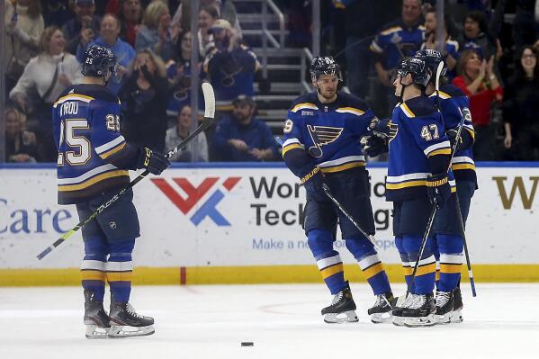 St. Louis Blues' Torey Krug (47) is congratulated by teammates after scoring a goal against the Florida Panthers during the first period of an NHL hockey game, Tuesday, Feb. 14, 2023, in St. Louis. (AP Photo/Scott Kane)