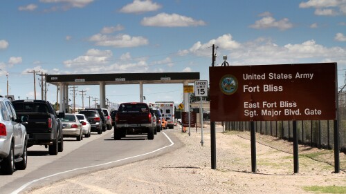 FILE - Cars wait to enter Fort Bliss, Texas, Sept. 9, 2014. The military says a solider has died and five others have been hurt in the crash of a tactical vehicle at Fort Bliss, Friday, July 21, 2023. (AP Photo/Juan Carlos Llorca, File)