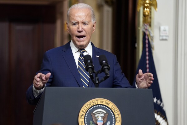 President Joe Biden speaks during an event to establish the Emmett Till and Mamie Till-Mobley National Monument, in the Indian Treaty Room in the Eisenhower Executive Office Building on the White House campus, Tuesday, July 25, 2023, in Washington. (AP Photo/Evan Vucci)