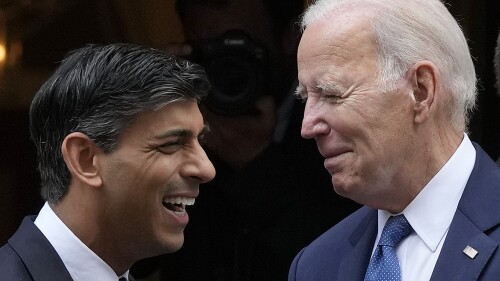 U.S. President Joe Biden and Britain's Prime Minister Rishi Sunak, left, leave 10 Downing Street after a meeting in London, Monday, July 10, 2023. (AP Photo/Frank Augstein)