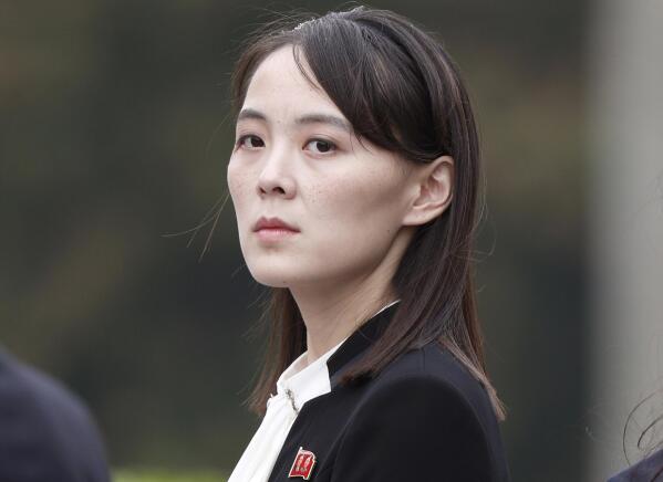 FILE - Kim Yo Jong, sister of North Korea's leader Kim Jong Un, attends a wreath-laying ceremony at Ho Chi Minh Mausoleum in Hanoi, Vietnam, March 2, 2019. Kim Jong Un made insult-laden threats against South Korea on Thursday for considering unliteral sanctions on the North, calling the South’s new president and his government “idiots” and “a running wild dog gnawing on a bone given by the U.S.” (Jorge Silva/Pool Photo via AP, File)