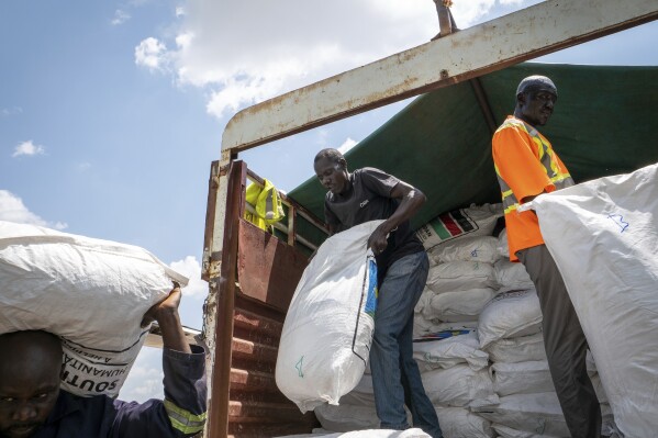 A Fogbow aid plane is loaded at an airport in Juba, South Sudan, on Monday, June 9, 2025, before conducting airdrops of food in the Upper Nile region. (AP Photo/ Florence Miettaux)