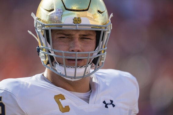 FILE - Notre Dame offensive lineman Joe Alt looks on before an NCAA college football game against Clemson, Saturday, Nov. 4, 2023, in Clemson, S.C. Alt is a possible first round pick in the NFL Draft. (AP Photo/Jacob Kupferman, File)