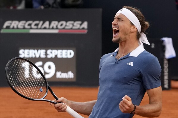 Alexander Zverev, of Germany, reacts after defeating Nicolas Jarry, of Chile, in the Italian Open tennis tournament final match at Rome's Foro Italico, Sunday, May 19, 2024. Zverev won 6-4/7-5. (AP Photo/Alessandra Tarantino)