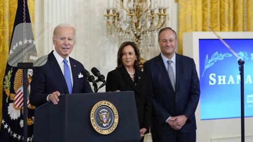 FILE - President Joe Biden speaks during a reception to celebrate the Jewish new year in the East Room of the White House in Washington, Friday, Sept. 30, 2022. Vice President Kamala Harris and her husband Doug Emhoff look on at right. Biden on Thursday, May 25, 2023, announced what he said is the most ambitious and comprehensive undertaking by the U.S. government to fight hate, bias and violence against Jews, outlining more than 100 steps the administration and its partners can take to combat an alarming rise in antisemitism. (AP Photo/Susan Walsh, File)