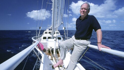 This photo provided by Ocean Alliance shows Roger Payne on board Ocean Alliance’s research vessel RV Odyssey during the Voyage of the Odyssey, a groundbreaking toxicology study circumnavigating the globe, in 2002 off of Western Australia in the Indian Ocean. Payne, the scientist who spurred a world-wide environmental conservation movement with his discovery that whales can sing, has died. He was 88. (Christopher Johnson/Ocean Alliance via AP)