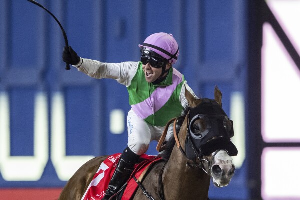 Laurel River with jockey Tadhg O'Shea wins Group 1 Dubai World Cup over 2000m (10 furlongs) at Meydan Racecourse in Dubai, United Arab Emirates, Saturday, March 30, 2024. (AP Photo/Martin Dokoupil)