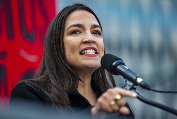 Rep. Alexandria Ocasio-Cortez (D-N.Y.) speaks at the NYCLU's May Day rally for worker's and immigrants rights at Foley Square, Thursday, May 1, 2025, in New York. (AP Photo/Angelina Katsanis)