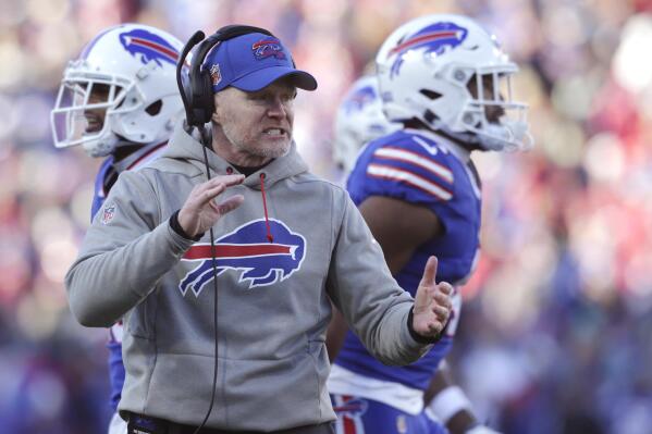 Buffalo Bills head coach Sean McDermott reacts during the second half of an NFL wild-card playoff football game against the Miami Dolphins, Sunday, Jan. 15, 2023, in Orchard Park, N.Y. (AP Photo/Joshua Bessex)