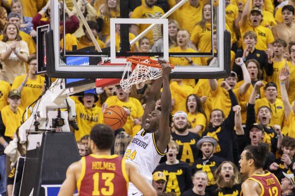 Missouri's Kobe Brown dunks the ball during the first half of an NCAA college basketball game against Iowa State, Saturday, Jan. 28, 2023, in Columbia, Mo. (AP Photo/L.G. Patterson)
