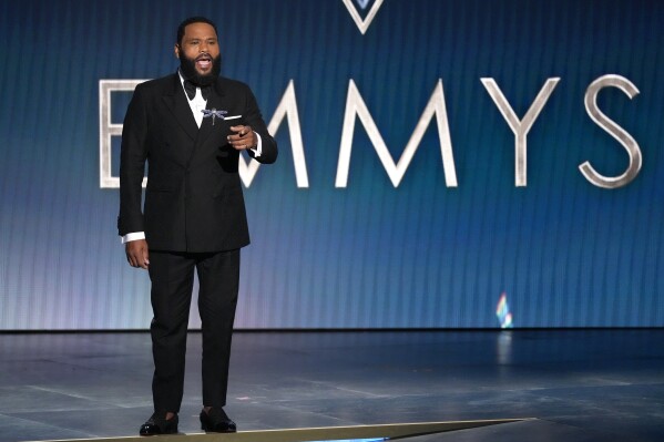 Host Anthony Anderson speaks during the 75th Primetime Emmy Awards on Monday, Jan. 15, 2024, at the Peacock Theater in Los Angeles. (AP Photo/Chris Pizzello)