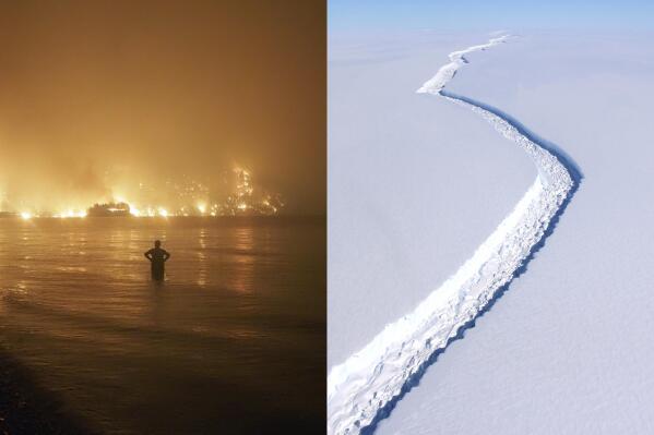 In this combination of 2021 and 2017 photos, a man watches as wildfires approach Kochyli beach on the Greek island of Evia, and a rift in the Antarctic Peninsula's Larsen C ice shelf is observed during a flyover by NASA. The 2021 U.N. climate summit in Glasgow renews an urgent question to the international community: Can the world come together to confront the common enemy of global warming before it’s too late? (AP Photo/Thodoris Nikolaou; John Sonntag/NASA via AP)