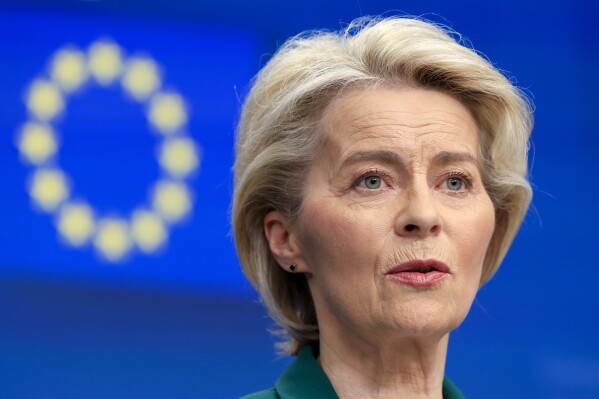 European Commission President Ursula von der Leyen addresses a media conference at the conclusion of an EU Summit in Brussels, Friday, March 22, 2024. European Union leaders on Friday discussed plans to boost investment and the economy. (AP Photo/Geert Vanden Wijngaert)