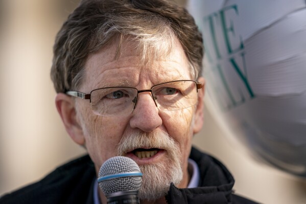 FILE - Jack Phillips, who's case was heard by the Supreme Court several years ago after he objected to designing a wedding cake for a gay couple, speaks to supporters outside the Supreme Court, Dec. 5, 2022, in Washington. Colorado’s highest court said Tuesday, Oct. 3, 2023, that it will hear the case of Phillips, a Christian baker who refused to make a cake celebrating a gender transition. (AP Photo/Andrew Harnik, File)
