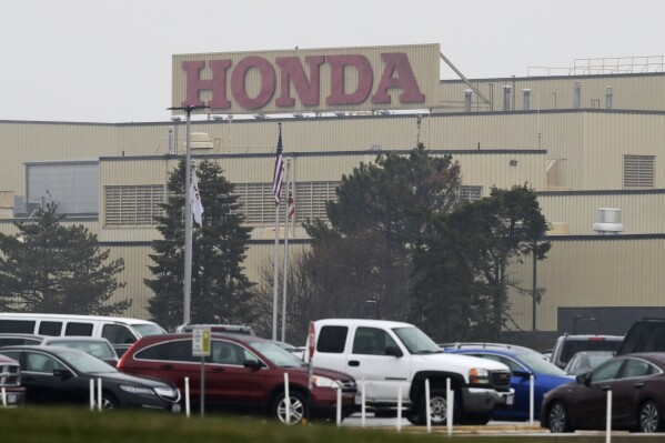 FILE - The Honda Marysville Auto Plant is shown on March 18, 2020, in Marysville, Ohio. Honda plans to invest $11 billion, with the help of joint venture partners, to build out its electric vehicle efforts in Canada as it prepares for future demand in North America for the automobiles. The company said Thursday, April 25, 2024 that it has started evaluating the requirements to build an EV plant and a separate EV battery plant in Ontario. (AP Photo/Tony Dejak, File)