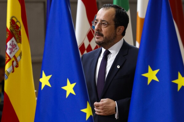 Cypriot President Nikos Christodoulides arrives to an EU summit in Brussels, Thursday, Oct. 17, 2024. (AP Photo/Geert Vanden Wijngaert)