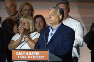 Hungarian Prime Minister Viktor Orban addresses the media after receiving the results of the European Parliamentary elections in Budapest, Hungary, Monday, June 10, 2024. (AP Photo/Denes Erdos)