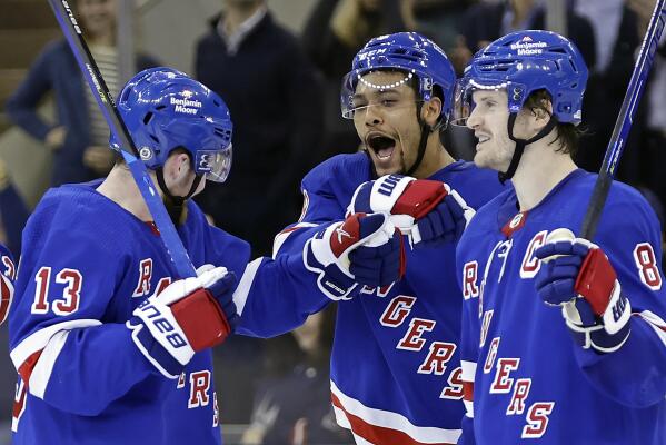 New York Rangers - Adam Fox celebrates his first NHL goal.
