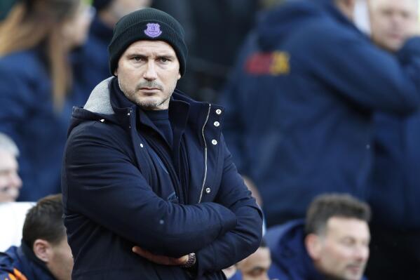 FILE - Then-Everton's manager Frank Lampard looks on before the English Premier League soccer match between West Ham United and Everton at the London Stadium in London, Saturday, Jan. 21, 2023. Chelsea could turn to club great Frank Lampard to lead the team until the end of the season amid the search for a full-time replacement for Graham Potter. Lampard is reportedly in talks with Chelsea about taking over as interim coach. (AP Photo/Steve Luciano, File)