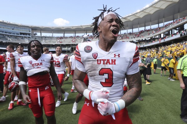 Utah running back Ja'Quinden Jackson (3) celebrates after they defeated Baylor 20-13 in an NCAA college football game, Saturday, Sept. 9, 2023, in Waco, Texas. (AP Photo/Jerry Larson)