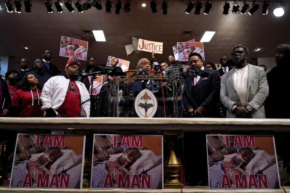 The Rev. Al Sharpton speaks during a news conference about the death of Tyre Nichols, Tuesday, Jan. 31, 2023, in Memphis, Tenn. A funeral service for Nichols, who died after being beaten by Memphis police officers during a traffic stop, is scheduled to be held on Wednesday. (AP Photo/Jeff Roberson)