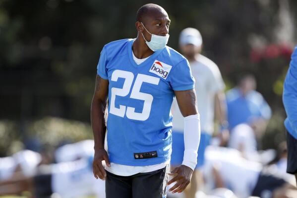 Los Angeles Chargers cornerback Chris Harris looks over during practice at the NFL football team's training camp in Costa Mesa, Calif., Wednesday, July 28, 2021. (AP Photo/Alex Gallardo)
