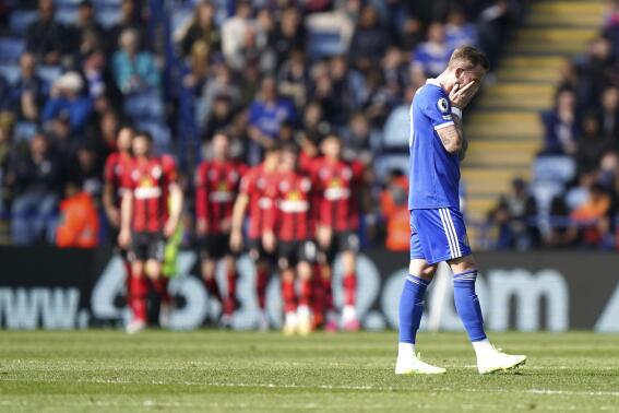CAPTION CORRECTS DATE Leicester City's James Maddison, right, reacts after Bournemouth's Philip Billing scores, during the English Premier League soccer match between Leicester City and Bournemouth, at the King Power Stadium, in Leicester, England, Saturday, April 8 2023. (Tim Goode/PA via AP)