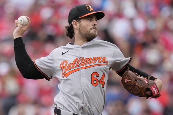 Baltimore Orioles starting pitcher Dean Kremer throws in the first inning of a baseball game against the Cincinnati Reds on Sunday, May 5, 2024, in Cincinnati. (AP Photo/Carolyn Kaster)