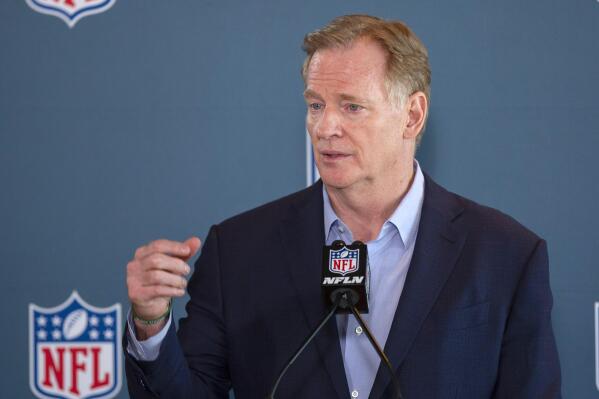 FILE - NFL Commissioner Roger Goodell addresses the media at the NFL Owners Meetings at the Omni Hotel, Tuesday, May 23, 2023 in Eagan, Minn. Two lawmakers have asked the Wisconsin Legislature's budget-writing committee to give tourism officials $2 million to help stage the 2025 NFL draft in Green Bay. The league announced Monday, May 22, 2023, that the draft will take place in and around Lambeau Field, home to the Green Bay Packers. (AP Photo/Andy Clayton-King, File)