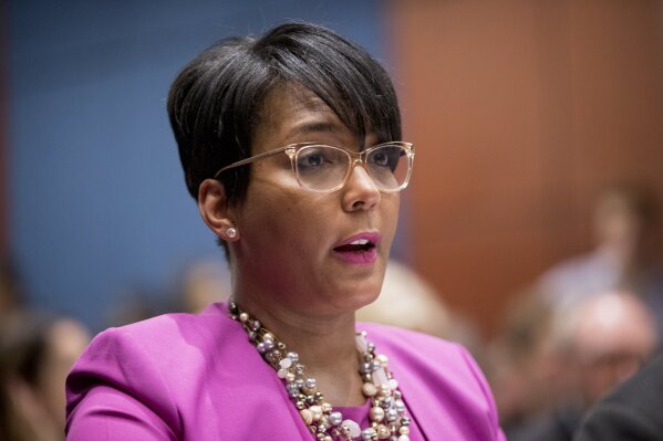 FILE - In this July 17, 2019, file photo, Atlanta Mayor Keisha Lance Bottoms speaks during a Senate Democrats' Special Committee on the Climate Crisis on Capitol Hill in Washington. A judge plans to hear arguments Tuesday, July 28, 2020, on an emergency request by Georgia’s governor to stop Atlanta from enforcing a mandate to wear a mask in public and other restrictions related to the COVID-19 pandemic while a lawsuit on the issue is pending. (AP Photo/Andrew Harnik, File)