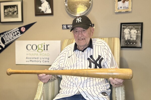 Art Schallock poses for a photo in Sonoma, Calif., on Thursday, April 18, 2024. Schallock, the oldest living former Major League Baseball player, will celebrate his 100th birthday on Thursday, April 25, 2024. (Wendy Cornejo, Cogir on Napa Road via AP)