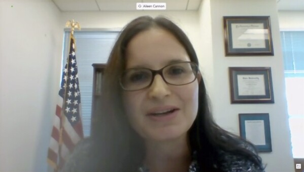 In this image from video provided by the U.S. Senate, Aileen M. Cannon speaks remotely during a Senate Judiciary Committee oversight nomination hearing to be U.S. District Court for the Southern District of Florida on July 29, 2020, in Washington. The judge presiding over the federal prosecution of former President Donald Trump, U.S. District Judge Aileen Cannon, takes the bench in the case for the first time this week as she and lawyers for both sides discuss the procedures for handling classified information in the case. (U.S. Senate via AP)