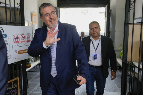 President-elect Bernardo Arévalo arrives to a press conference in Guatemala City, Friday, Sept. 1, 2023. (AP Photo/Moises Castillo)