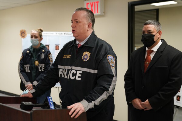 FILE - Deputy Chief John Chell speaks during briefing before a raid in the Brooklyn borough of New York, Jan. 4, 2022. In a post sent from his official X account on Tuesday, Feb. 27, 2024, NYPD Chief of Patrol Chell named a judge and wrote that she "did not do her job” when she ordered the release of a man who police say is a repeat offender within the city’s transit system. (AP Photo/Seth Wenig, File)
