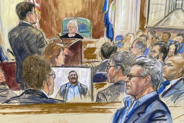 FILE - This artist sketch depicts Salah Al-Ejaili, foreground right with glasses, a former Al-Jazeera journalist, before the U.S. District Court in Alexandria, Va., April 16, 2024. Al-Ejaili, a former detainee at the infamous Abu Ghraib Prison, described to jurors the type of abuse that is reminiscent of the scandal that erupted there 20 years ago: beatings, being stripped naked and threatened with dogs, stress positions meant to induce exhaustion and pain. A judge declared a mistrial Thursday, May 2, after a jury said it was deadlocked and could not reach a verdict in the trial of a military contractor accused of contributing to the abuse of detainees at the Abu Ghraib Prison in Iraq two decades ago. (Dana Verkouteren via AP, File)