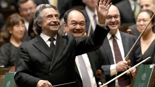 Riccardo Muti, musical director of the Chicago Symphony Orchestra waves goodbye to the audience after conducting the orchestra and chorus in Beethoven's "Missa Solemnis" in D Major, Op. 123, Sunday, June 25, 2023, in Chicago. Sunday marked the last performance by Muti, 81, in Orchestra Hall during his 13 year tenure. (AP Photo/Charles Rex Arbogast)