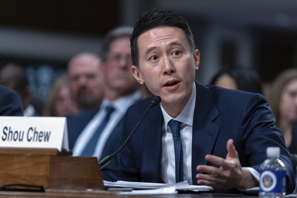 TikTok CEO Shou Zi Chew, testifies during the Senate Judiciary Committee's hearing on online child safety on Capitol Hill, Wednesday, Jan. 31, 2024 in Washington. (AP Photo/Jose Luis Magana)