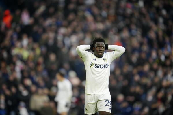Leeds United's Wilfried Gnonto reacts after failing to score during the English Premier League soccer match between Leeds United and Brentford at Elland Road, Leeds, England, Sunday, Jan. 22, 2023. (AP Photo/Jon Super)