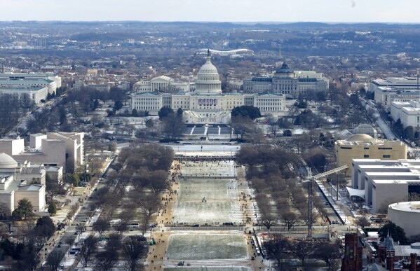 A view of the U.S. Capitol and the National Mall is pictured from the top of the Washington Monument on the day of the 60th Presidential Inauguration in the Rotunda of the U.S. Capitol in Washington, Monday, Jan. 20, 2025. (Brendan McDermid/Pool Photo via AP)