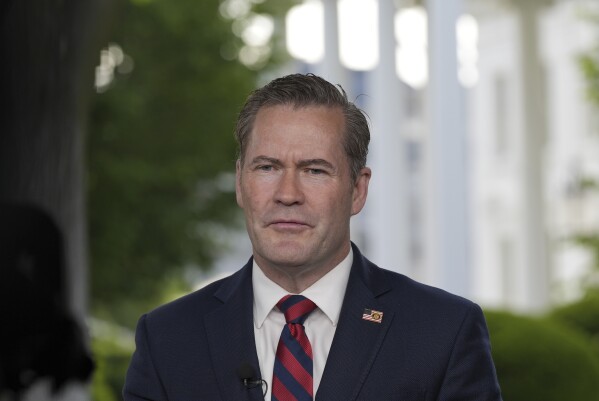 National Security Advisor Mike Waltz speaks during a television interview at the White House, Thursday, May 1, 2025, in Washington. (AP Photo/Alex Brandon)